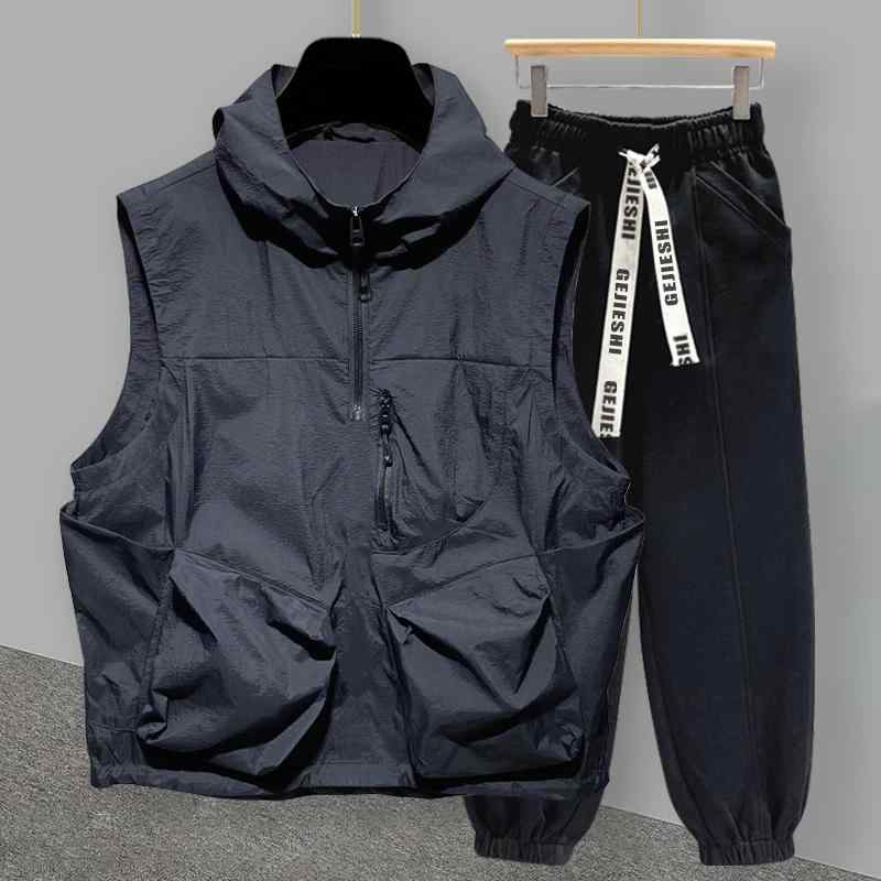 セットアップ 男女兼用 夏 フード付き ノースリーブ Tシャツ ハーフジップ 多数のポケット カーゴパンツ 上下セット カジュアル 作業着風 通気性 ポリエステル 普段使い