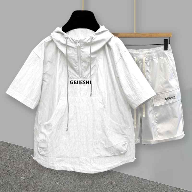 Tシャツ メンズ セットアップ フード付き ハーフジップ 半袖 ショートパンツ ゆったり 韓国風 薄手 ポリエステル カジュアル 実用的 着回し 春夏