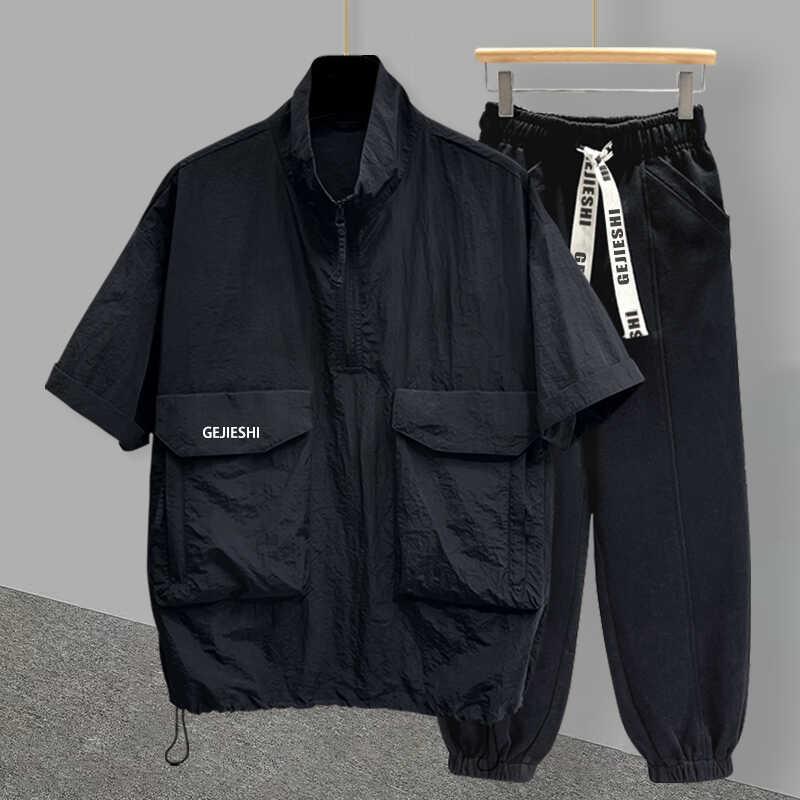Tシャツ セットアップ メンズ ハーフジップ スタンドカラー 半袖 薄手 ゆったり 余裕のあるシルエット カジュアル 韓国風 トレンド 夏 カーゴパンツ｜おうち健康生活 6,848円