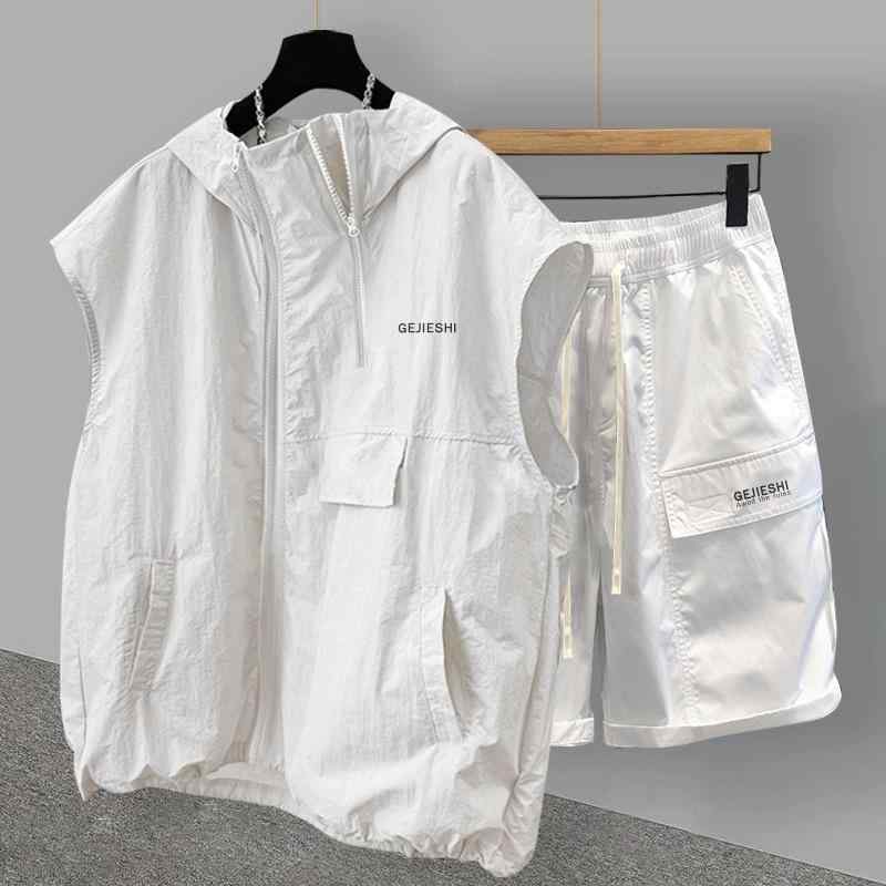ベスト 袖なしTシャツ セット メンズ 春夏 薄手 軽量 ゆったり フード付き ジップアップ 作業着風 カジュアル 普段使い おしゃれ カップル おそろい
