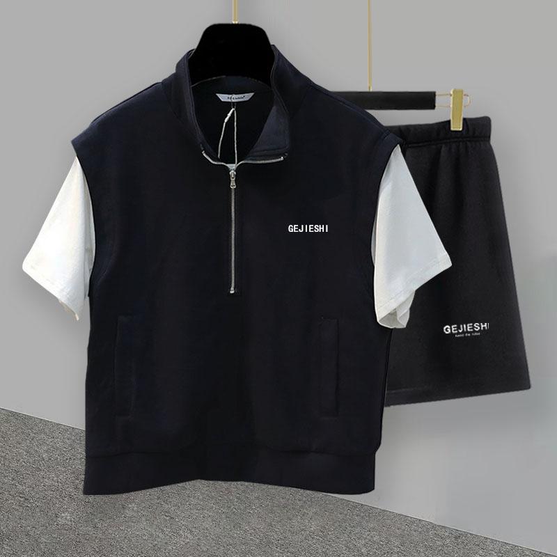 Tシャツ セットアップ メンズ 半袖 スタンドカラー フェイクレイヤード 刺しゅう 切り替え ゆったり 大きめシルエット ショートパンツ ハーフパンツ カジュアル トレンド 着回し 春夏