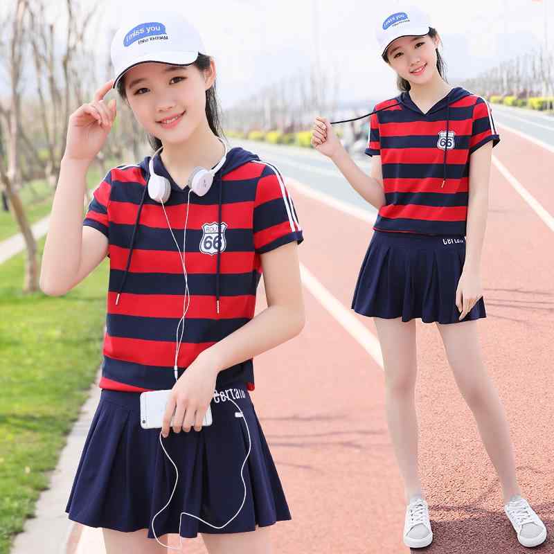 上下セット 女性向け 中学生 女の子 縞模様 半袖 Tシャツ 綿 2点組 気軽な 運動着 部屋着 通学 普段使い 春夏