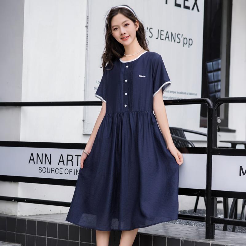 ワンピース レディース 中高生 女子 通学 お出かけ 夏物 学生らしい 制服風 Aライン 膝丈 上品 薄手 綿 再生繊維 ナイロン混紡 紺 白 青