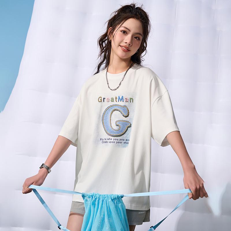 Tシャツ 女の子 ガールズ ジュニア 中学生 半袖 トップス カットソー ゆったり ビッグシルエット カジュアル 普段使い 薄手 軽量 伸縮性 綿 丸首 ロゴ プリント 白 灰色 春夏