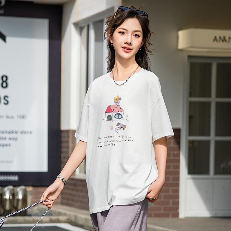 Tシャツ 女の子 中高生 春夏 綿 丸首 カラフルな柄 薄手 肩落ち ゆったりとしたシルエット 通勤 カジュアル 普段使い トップス