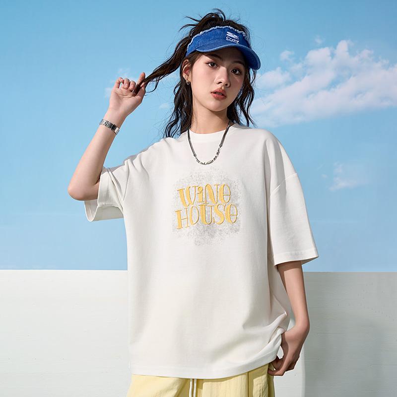 Tシャツ 女の子 ジュニア 中学生 五分袖 ゆったり カジュアル ストリート 春夏 プリント 丸首 薄手 綿混 レギュラー丈