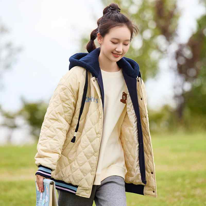 中綿コート 女子小中高生向け ショート丈 厚手 保温 フード付き ゆったり 重ね着風 普段使いにも 通学 ポリエステル ベージュ ブルー 冬物