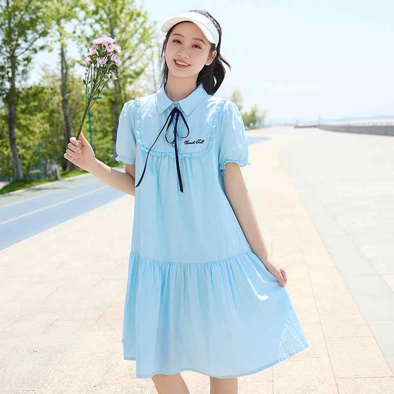 ワンピース レディース 学生 ジュニア ティーンズ シャツ襟 パフスリーブ プリーツ ミディ丈 シフォン 綿 森ガール ナチュラル 春夏 ホワイト｜おうち健康生活