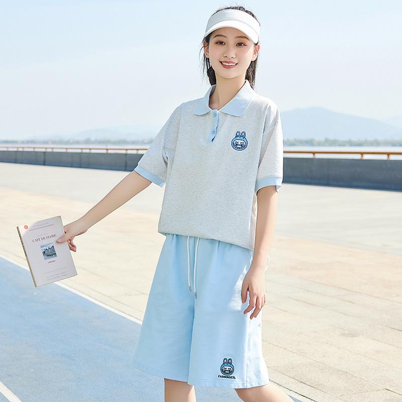 スポーツウェア セットアップ 女の子 ジュニア 中学生 半袖 Tシャツ ポロ襟 トップス カジュアル 普段使い 運動着 刺繍デザイン 春夏 綿