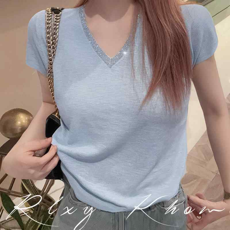 ニット レディース 女性用 春夏 通勤 オフィス カジュアル 上品 高級感 接触冷感 涼しい Vネック 半袖 着痩せ 細見え 薄手 ストレッチ テンセル 麻 ライトブルー