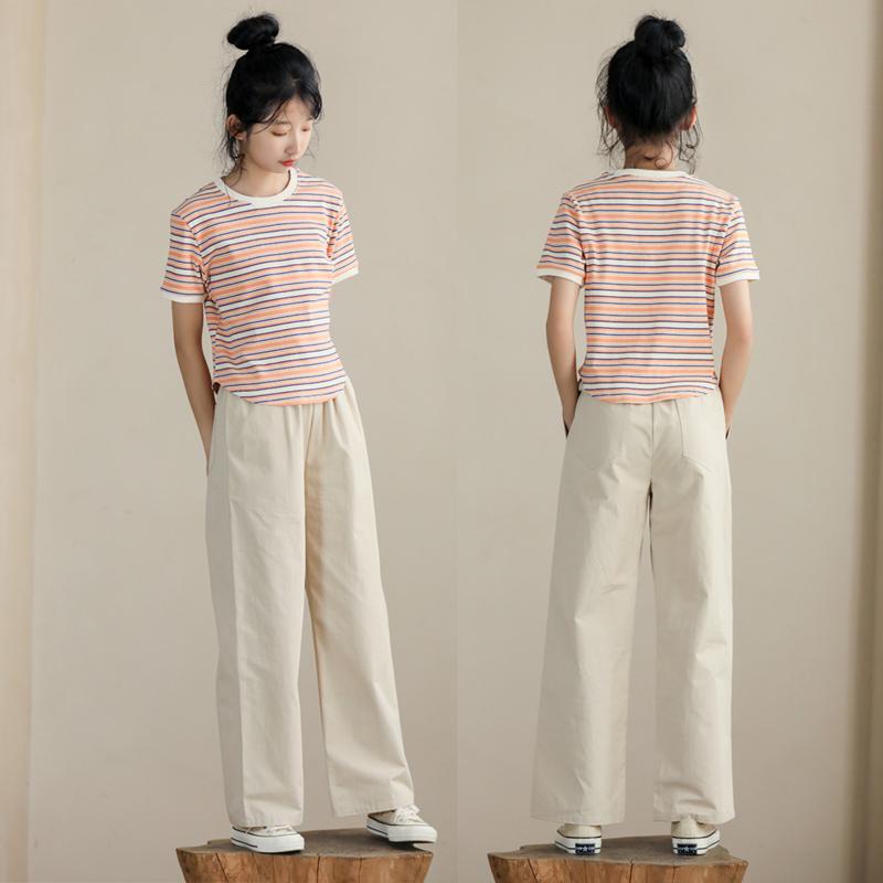 Tシャツ 女の子 ジュニア 半袖 ストライプ ボーダー 綿混 吸湿速乾 細身 春夏 日常の 普段使い カジュアルな服装