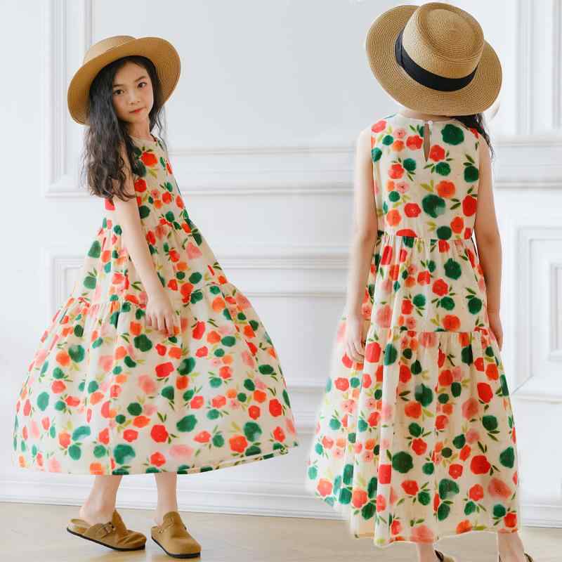 ワンピース 女の子 キッズ ジュニア キャミソール ノースリーブ ロング丈 マキシ丈 花柄 植物柄 夏 ビーチ リゾート お出かけ 綿 かわいい おしゃれ