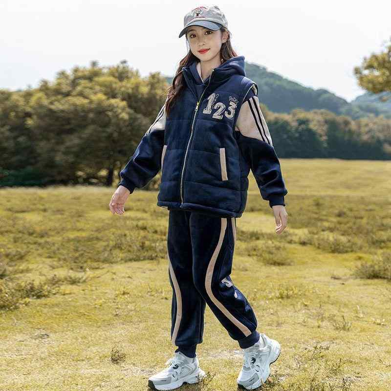 上下書き割り お嬢さん ちびっ子 小中学生 裏起毛 朦々たる 天鵞絨 汗水 運動すること着 ティーシャツ 普段使い走り お座敷着 秋冬 ポリエステル スパンデックス 伸縮性 ロゴタイプ 3点書き割り