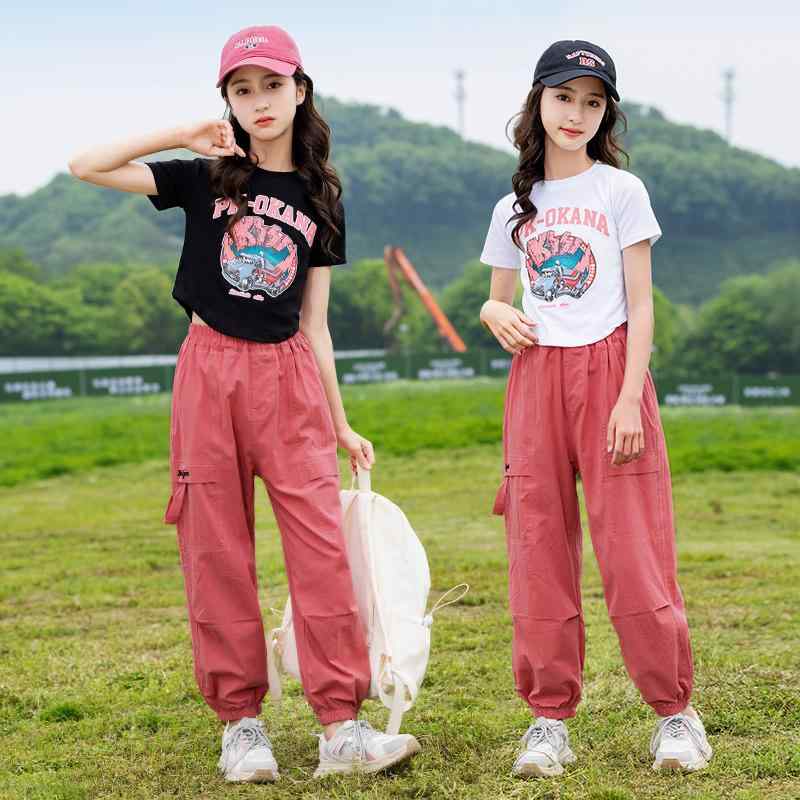 上下組 女の子 子供 10代の子供 夏 半袖 Tシャツ カーゴパンツ 薄手 軽量 純綿 おしゃれ 気軽に使える 運動 普段使い 部屋着 外遊び 黒 白