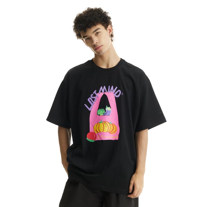 Tシャツ 男女兼用 ペア カップル 半袖 トップス 胸元 フルーツ 野菜 ショッピングバッグ ロゴプリント クルーネック 丸首 綿 コットン 春夏 ゆったり 普段使い カジュアル 抗菌