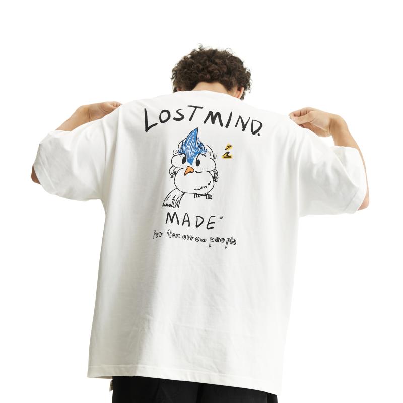 Tシャツ 男女兼用 胸ポケット ロゴ刺繍 背面 手描き 鳥柄 綿 半袖 丸首 大きめ ゆったり カジュアル 普段使い 街着 流行 夏 抗菌 ホワイト｜おうち健康生活