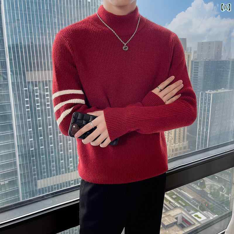 セーター メンズ ニット トップス 冬 暖かい ファッション 冬 厚手 暖かい 赤 カラー ライン 服|おうち健康生活