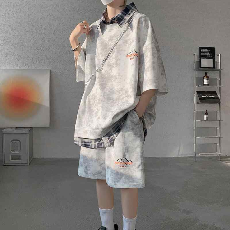メンズ Tシャツ ショートパンツ セットアップ 重ね着風 シャツ襟 半袖 ゆったり 都会的なカジュアル 春夏 スポーツ 普段使い 部屋着 吸湿速乾