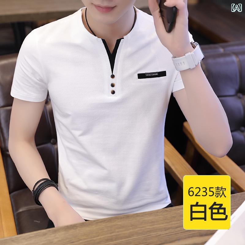 Tシャツ メンズ 半袖 コットン 韓国風 トレンド ストリートファッション 細身 Vネック ストレッチ 通気性 夏 インナーとしても 着回し 普段使い カジュアル