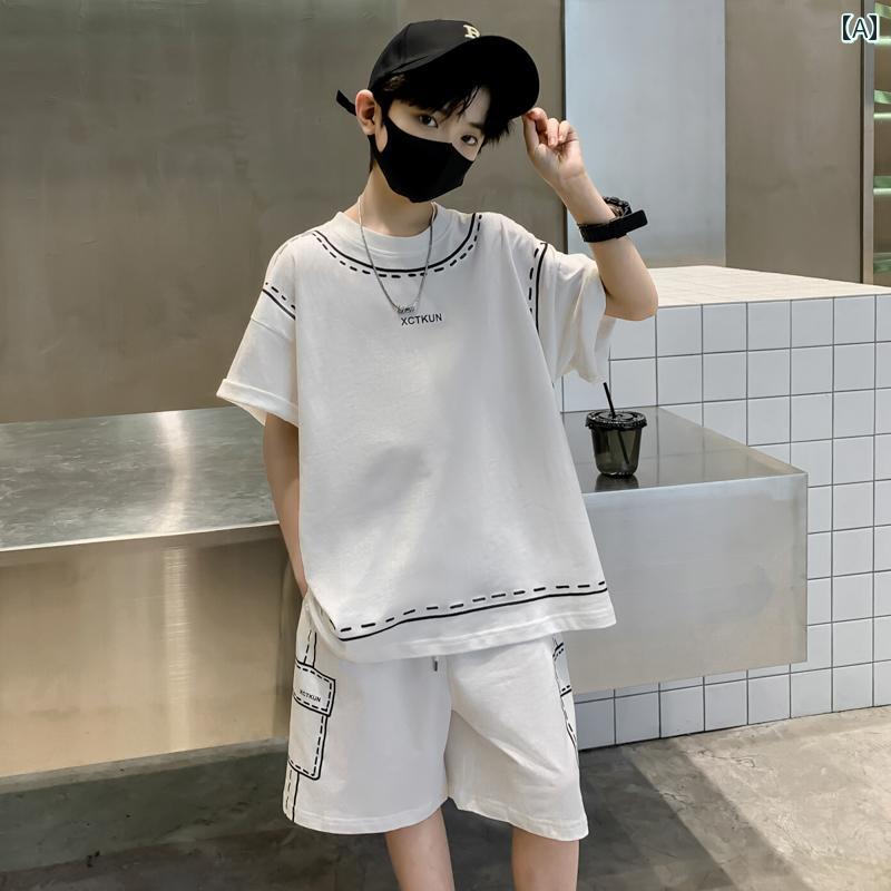 セットアップ 男の子 おしゃれ カジュアル 夏 ボーイズ ライン 半袖 トレンディ クール 綿 セット