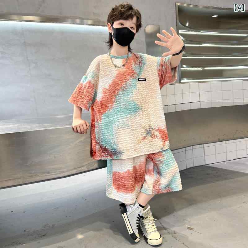 セットアップ 男の子 おしゃれ カジュアル 夏 ビッグ ボーイズ 絞り染め 半袖 トレンディ クール 2点 セット