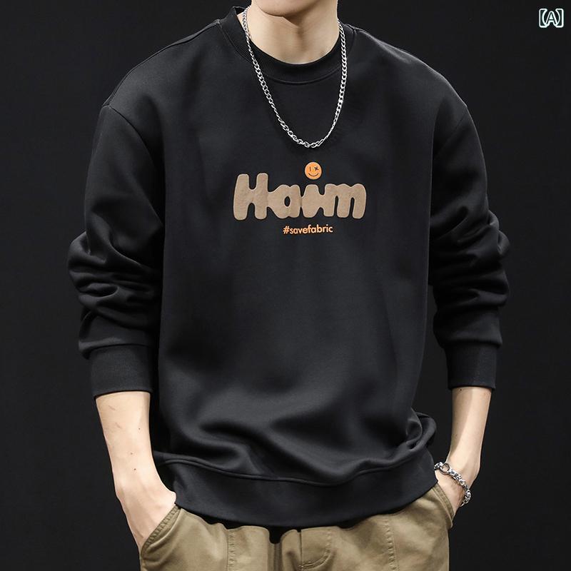 メンズ ファッション カジュアル トレンド スウェットシャツ 春秋 ラウンドネック ブラック 起毛 服 春 長袖