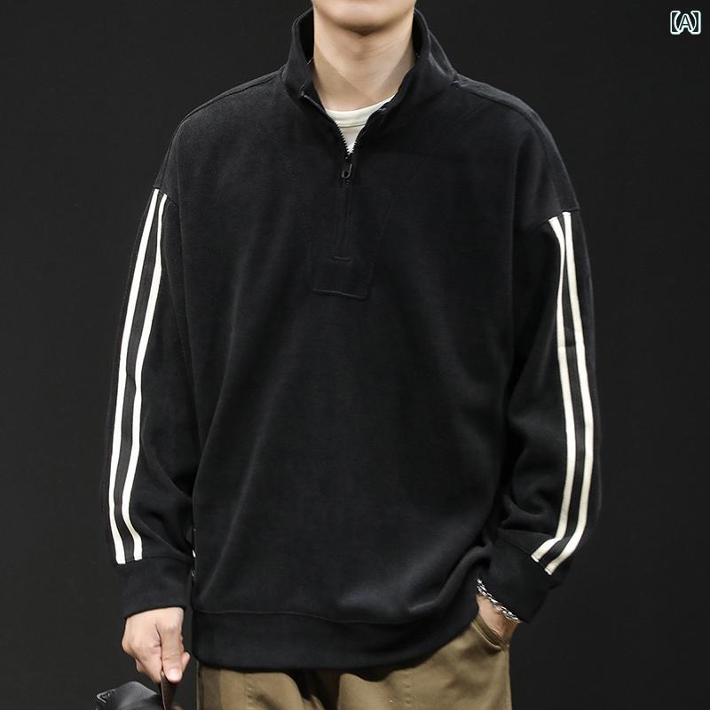 メンズ ファッション カジュアル ハーフハイト ジッパー トレンド スウェットシャツ 春秋 ストライプ 紳士服 春 長袖