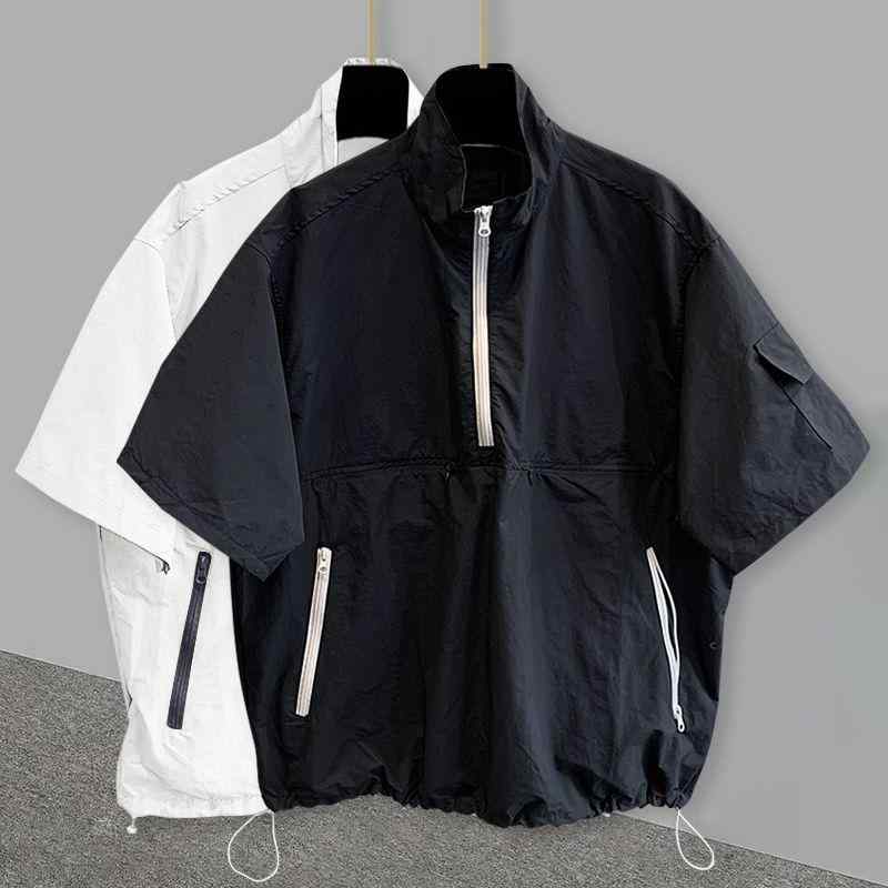Tシャツ メンズ レディース ビッグサイズ オーバーサイズ ゆったり ゆとりシルエット ハーフジップ 立ち襟 半袖 作業着風 デザイン カジュアル 春夏 通気性 トップス
