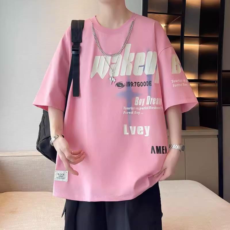 Tシャツ メンズ 中学生 高校生 半袖 夏 ピンク ゆったり 大きめサイズ 丸首 おしゃれ カジュアル トレンド 普段使い トップス 薄手 通気性