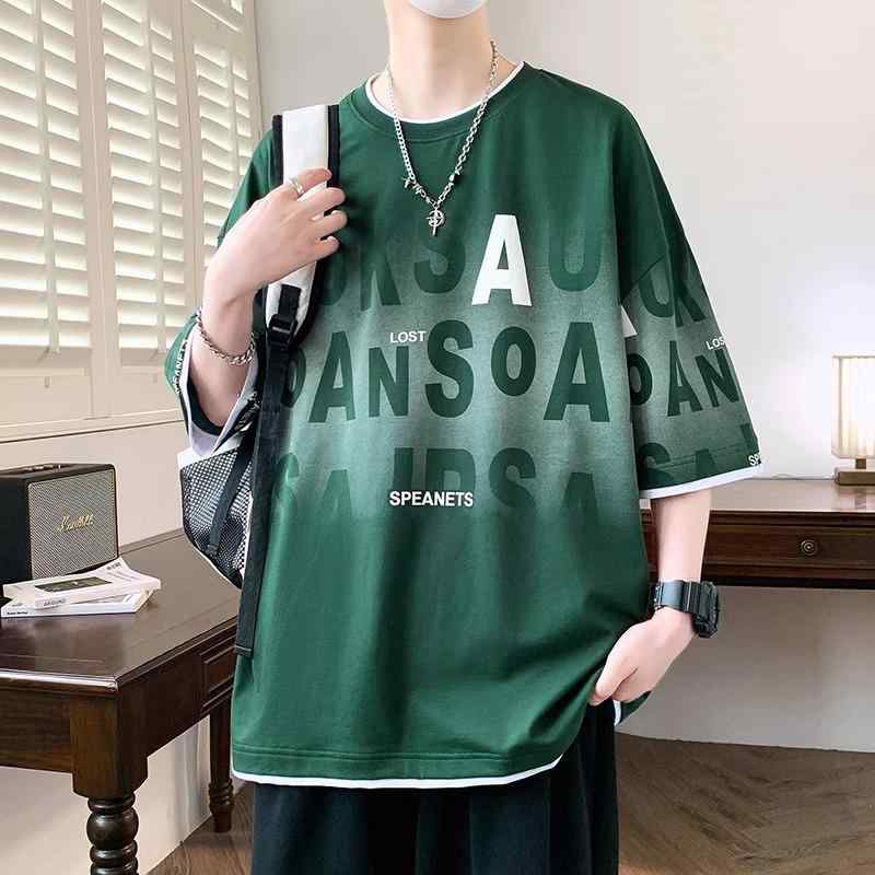 Tシャツ メンズ 学生 ティーン 半袖 接触冷感 吸湿速乾 通気性 薄手 軽量 ゆったりとしたビッグシルエット クルーネック ストリート系 プリント 普段使い 春夏 カジュアル