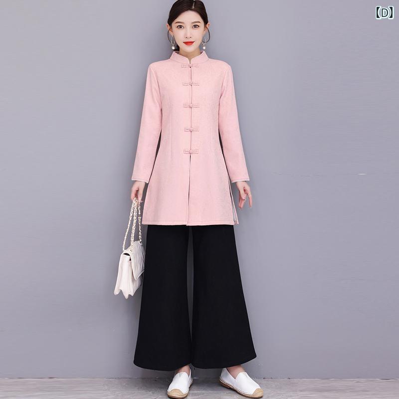 瀬戸もの風 レディース 流行り物 セットアップ 今めかしい 雅びやか 民族風 漢服 思い入れる 茶師服 茶芸師 冬 起毛 トップス 唐 装 2点 書き割り