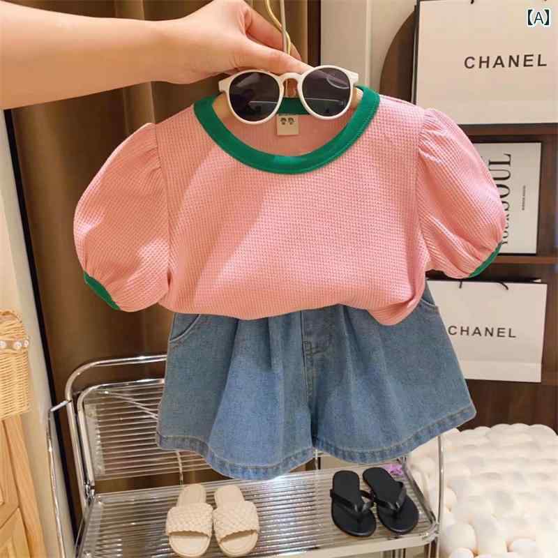子供服 女の子 セットアップ おしゃれ カジュアル 夏 スタイリッシュ カジュアル 半袖 Tシャツ デニムショートパンツ セット 韓国 2点 セット
