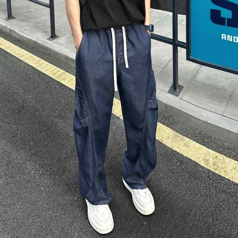 デニムパンツ メンズ 夏 ダークブルー 軽量 薄手 テンセル 再生繊維 通気性 ゆったりストレート パラシュートパンツ 紐付き 股上普通 アメカジ ヴィンテージ風 カジュアル 普段使い