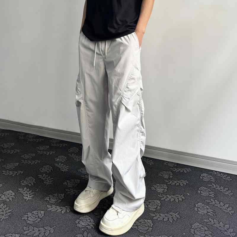 パンツ メンズ ストレート カーゴパンツ パラシュートパンツ タック ゆったり 速乾 薄手 ウエストゴム シワになりにくい 様々な場面で活躍 カジュアル ダークグレー 春夏 ポリエステル