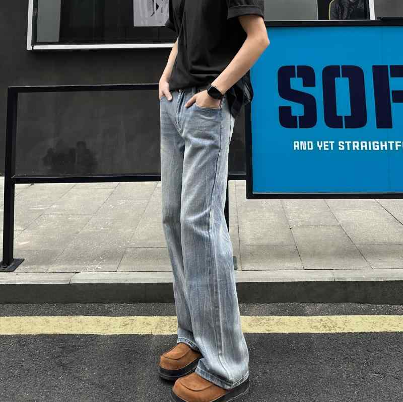 デニムパンツ ジーンズ メンズ ワイドフレア ルーズフィット スラブ織り スタイルアップ コットン 再生繊維 春夏 アメリカンカジュアル 普段使い ウォッシュドブルー ブラック ホワイト