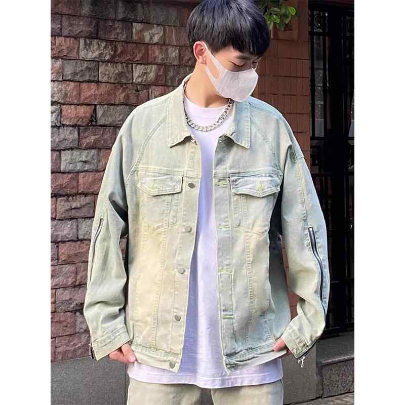 Gジャン メンズ ゆったり ビッグシルエット アメカジ ストリート レトロ ヴィンテージ風 ジップデザイン ウォッシュ加工 デニム 防風 長袖 襟付き 春秋冬 日常使い 普段使い アウター イエロー ブラック 黄 黒