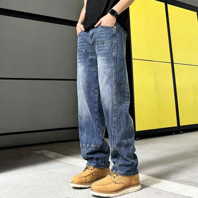 デニムパンツ メンズ アメカジ ストリートカジュアル スタッズ 切り替え ウォッシュ加工 ワイド ゆったりストレート スタイルアップ コットン 春夏 ブラック ブルー