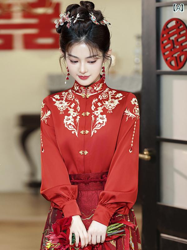 チャイナ風 レディース ファッション おしゃれ 上品 馬顔スカート トップス 結婚式 漢服 長袖 前立て シャツ 赤 シャツ