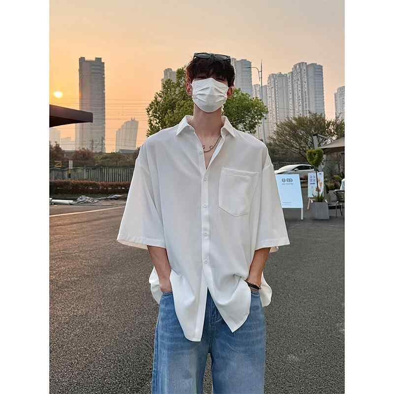 シャツ メンズ 半袖 五分袖 無地 春夏 接触冷感 ドレープ感 高級感 ゆったりとしたシルエット ゆったり お手入れ簡単 形態安定 薄手 前開き 襟付き ポリエステル ストレッチ トップス カジュアル