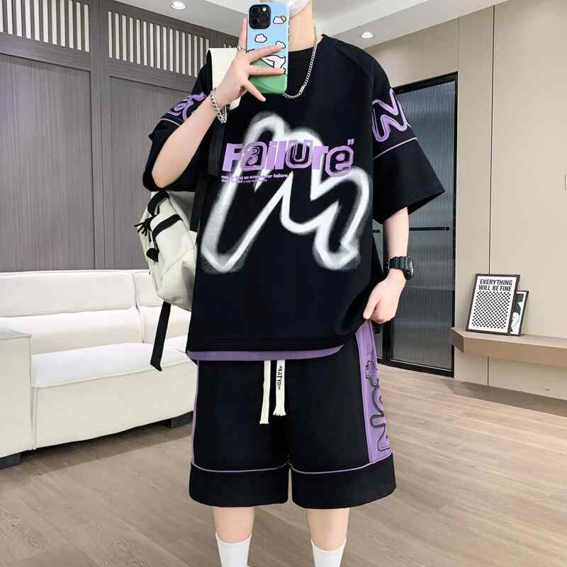 上下組 メンズ 2色使い 半袖シャツ 短パン 気軽に ゆったり 部屋着 黒と赤 アイボリー ポリエステル 夏物 5,507円