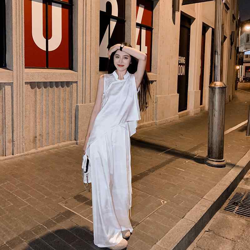 セットアップ レディース 新中華風 アセテートサテン ブラウス ワイドパンツ スタンドカラー 高級感 個性的 他と被らない 上品 エレガント 春夏