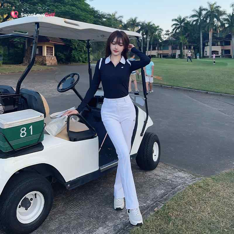 ゴルフウェア レディース 春秋 ポロシャツ 長袖 トップス 厚手 保温 インナー ハイウエスト フレア ロングパンツ ボトムス ブラック ホワイト セットアップ|おうち健康生活