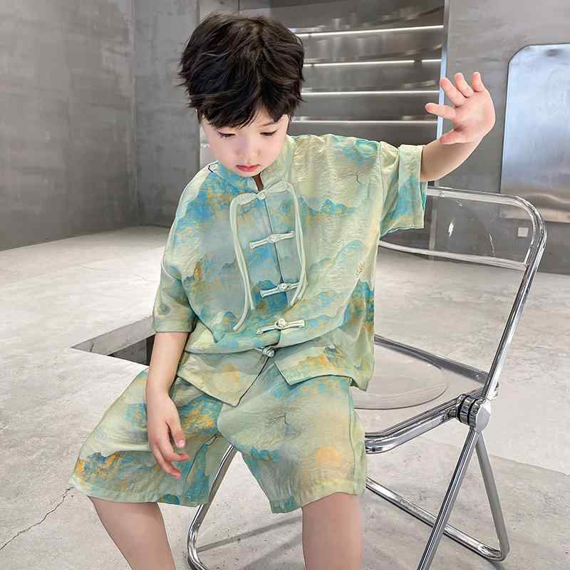 子供服 キッズ 男の子 ジュニア 中国伝統服 中華風 セットアップ 上下セット 春夏 カジュアル グリーン 普段着