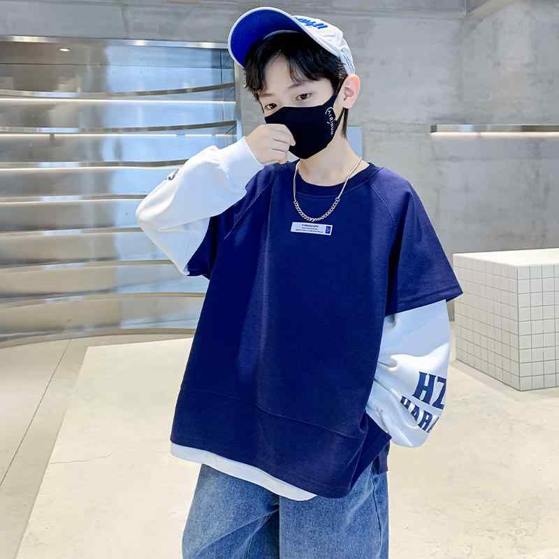 スウェット 男の子 重ね着風 長袖 Tシャツ 子供用 春秋 綿混 カジュアル アニメ柄 トップス 普段使いに
