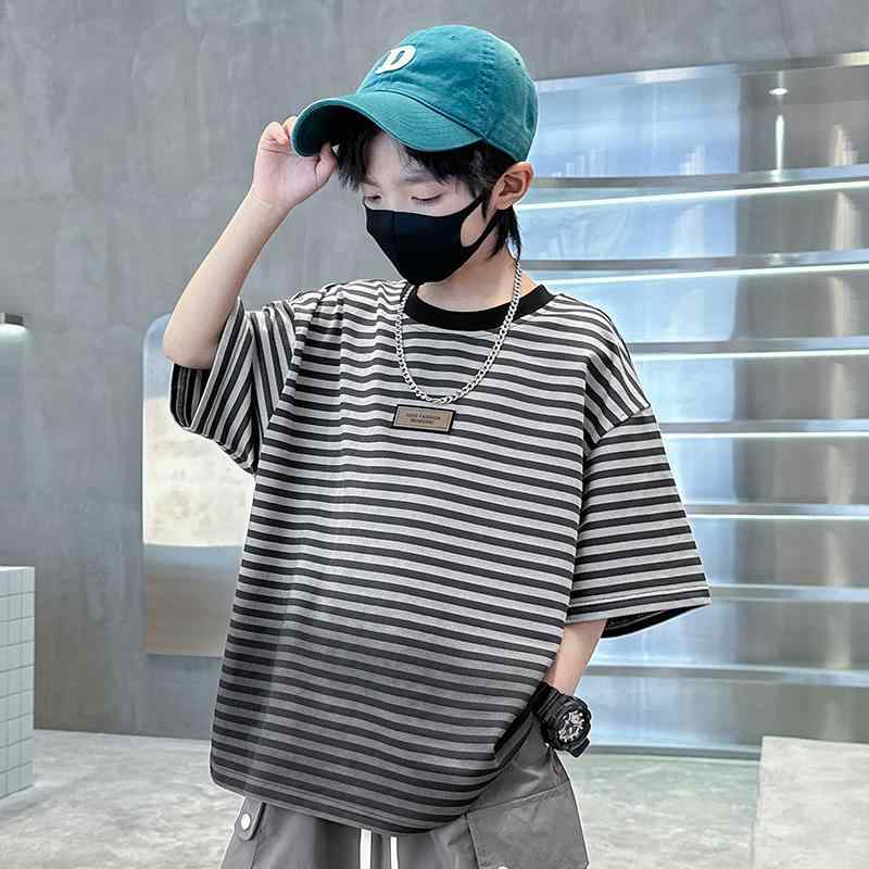 Tシャツ 男の子 キッズ ストライプ グラデーション 半袖 ゆったり トップス 春夏 吸汗 綿 薄手 丸首 カジュアル セットアップ