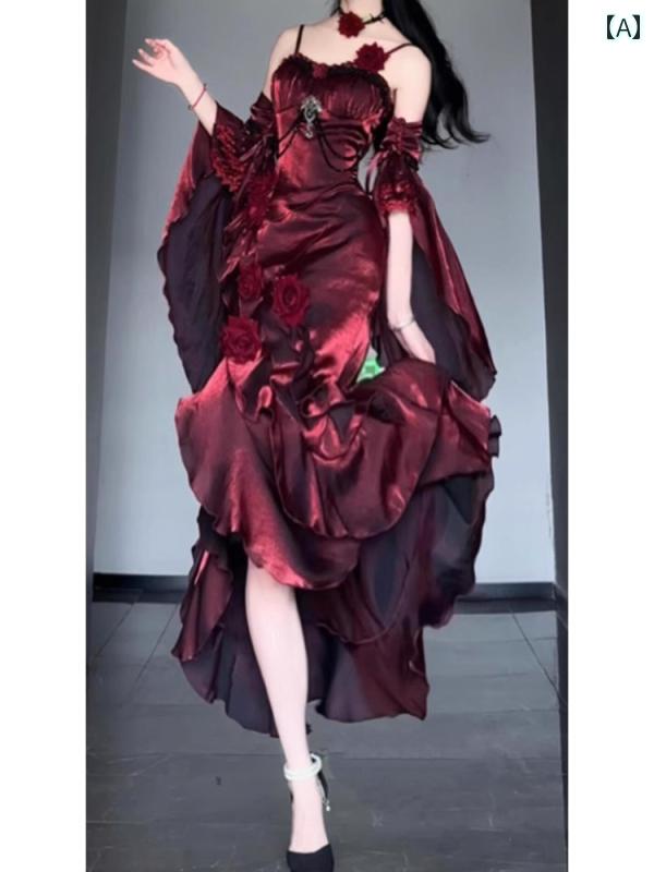 ロリータ ファッション コスプレ 衣装 コスチューム 赤 バラ ドレス スカート フィッシュテール スカート お姫様
