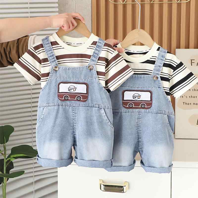 ベビー服 男の子 デニム サロペット オーバーオール 半袖 トップス セットアップ 上下セット 春夏 薄手 韓国ファッション おしゃれ かわいい 綿 ポリエステル 股ボタン 普段使い お出かけ着