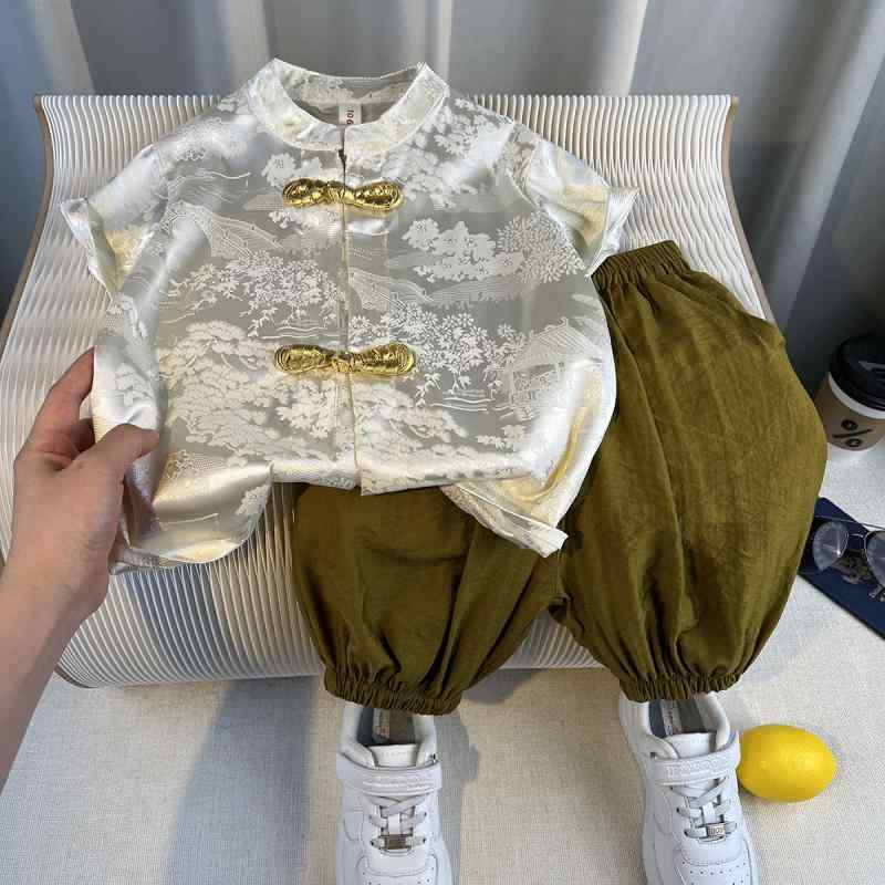 中華服 お子様（男の子・女の子・赤ちゃん）向け男女兼用 夏物上下セット 現代風にアレンジした伝統的な中国服デザイン 半袖 古風でかっこいい 2点セット 薄手 柄物 ポリエステル 普段使いにもお祭りにも の商品写真