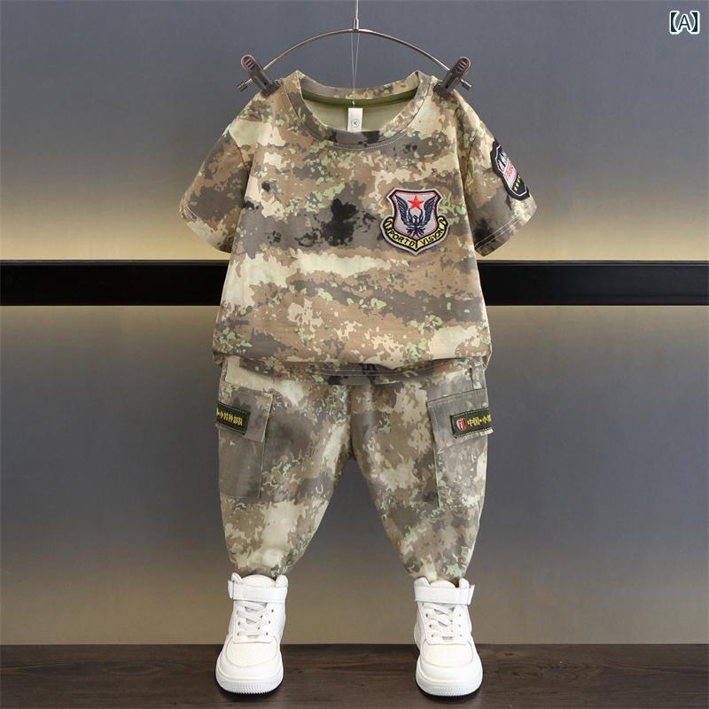 子供服 男の子 キッズ 上下セット 迷彩柄 半袖 長ズボン 春夏 おしゃれ かっこいい カジュアル 普段使い 綿混素材 伸縮性 緑