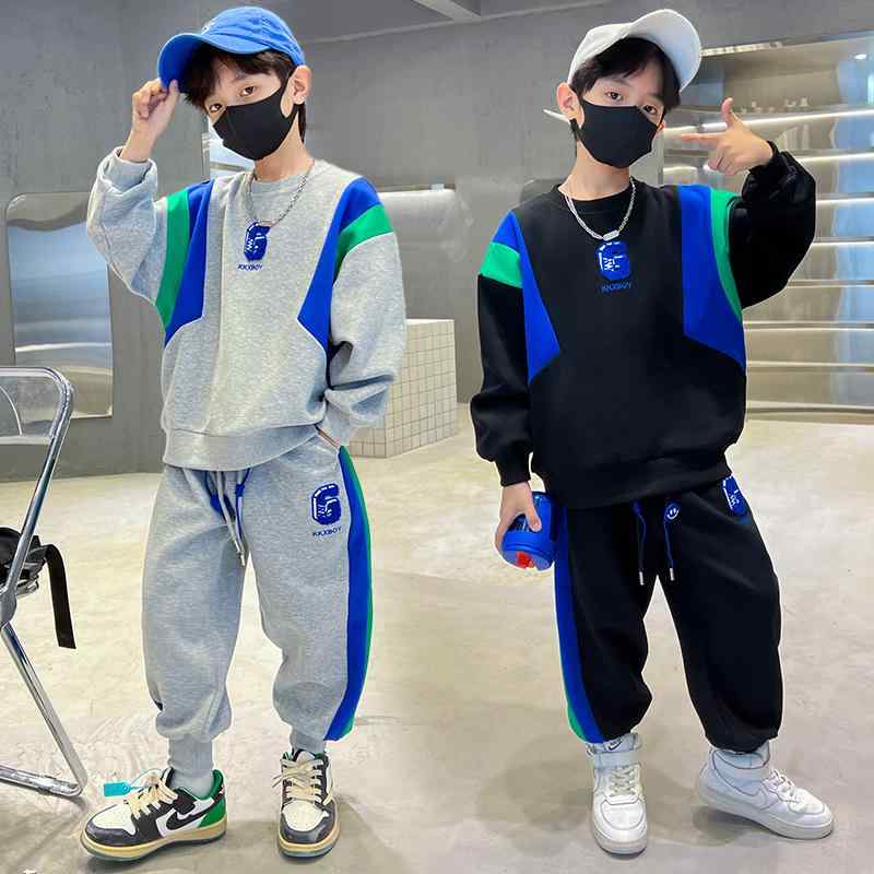 成長期の男の子向け 春秋 黒 運動着 ジャージ 長袖 長ズボン 綿混素材 かっこいい おしゃれ 流行 上下セット